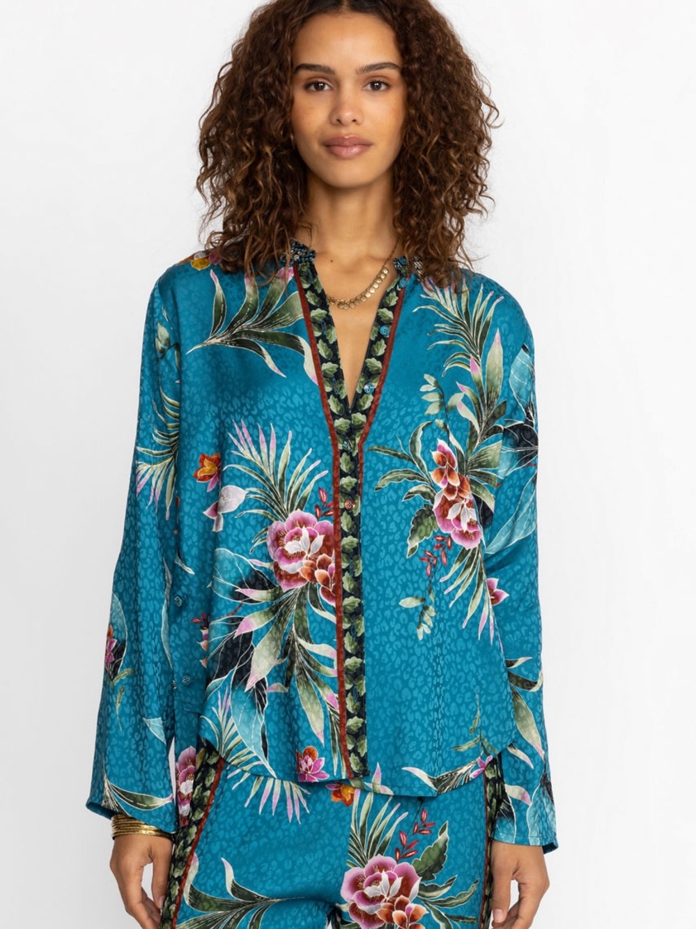 Johnny Was Teal Tropical Orchid Floral Button-Front Blouse, Size M